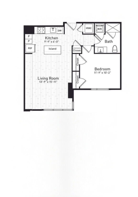 Floor plan for 1 bed, 1 bath, 697 sqft